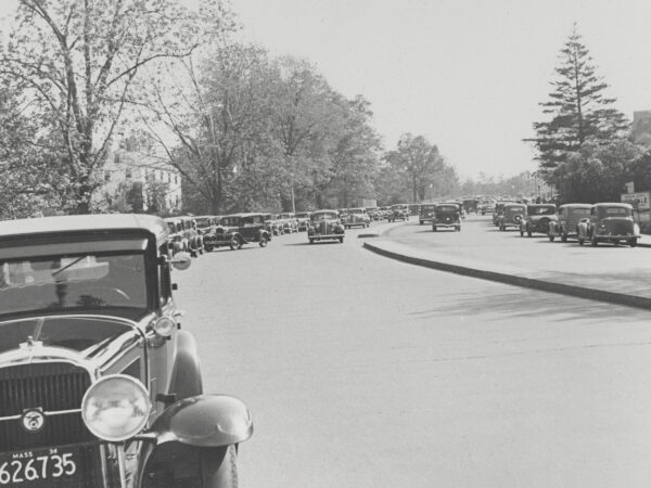 Cars parked along Centre Street on Lilac Sunday 1936.