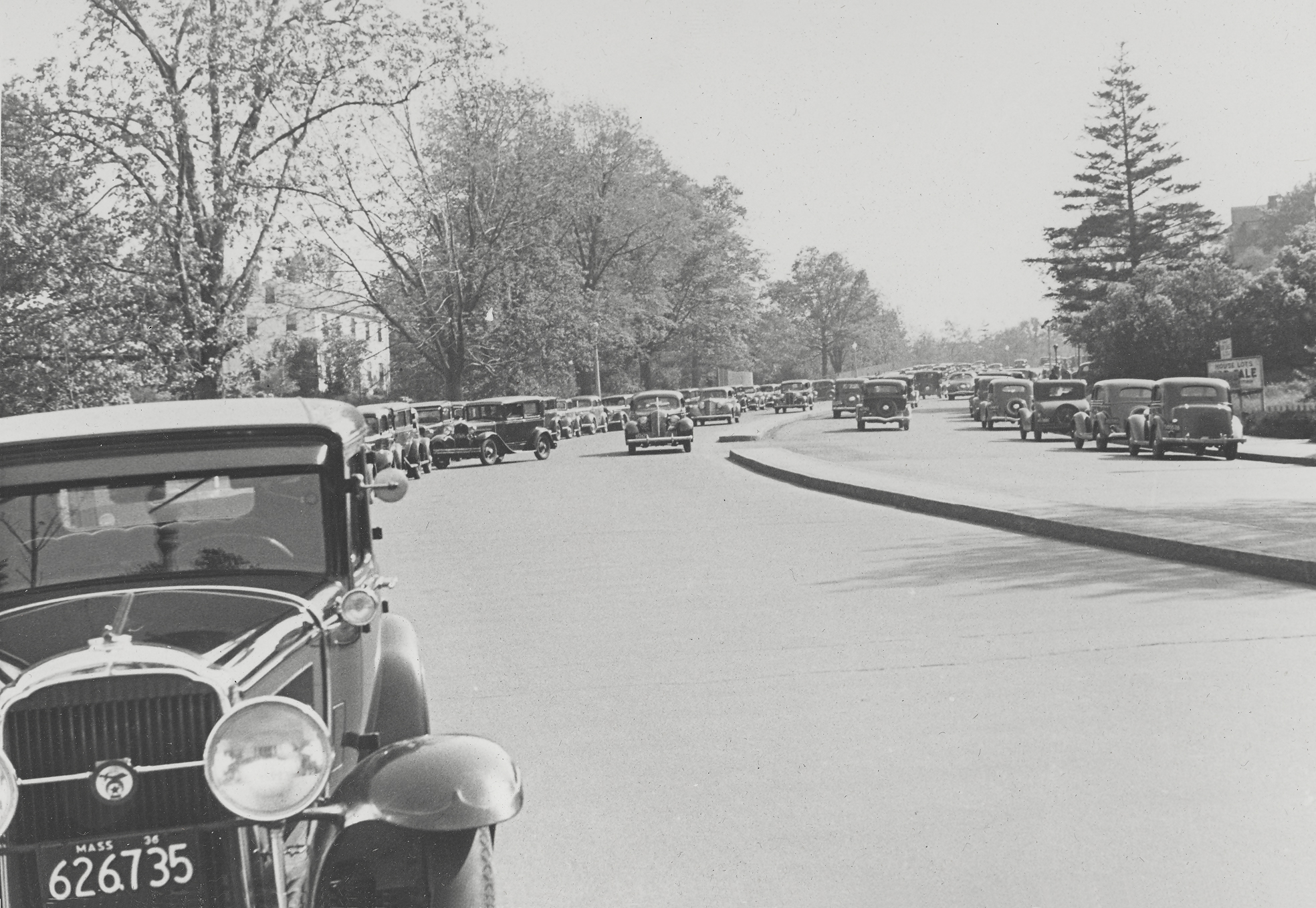 Cars parked along Centre Street on Lilac Sunday 1936.
