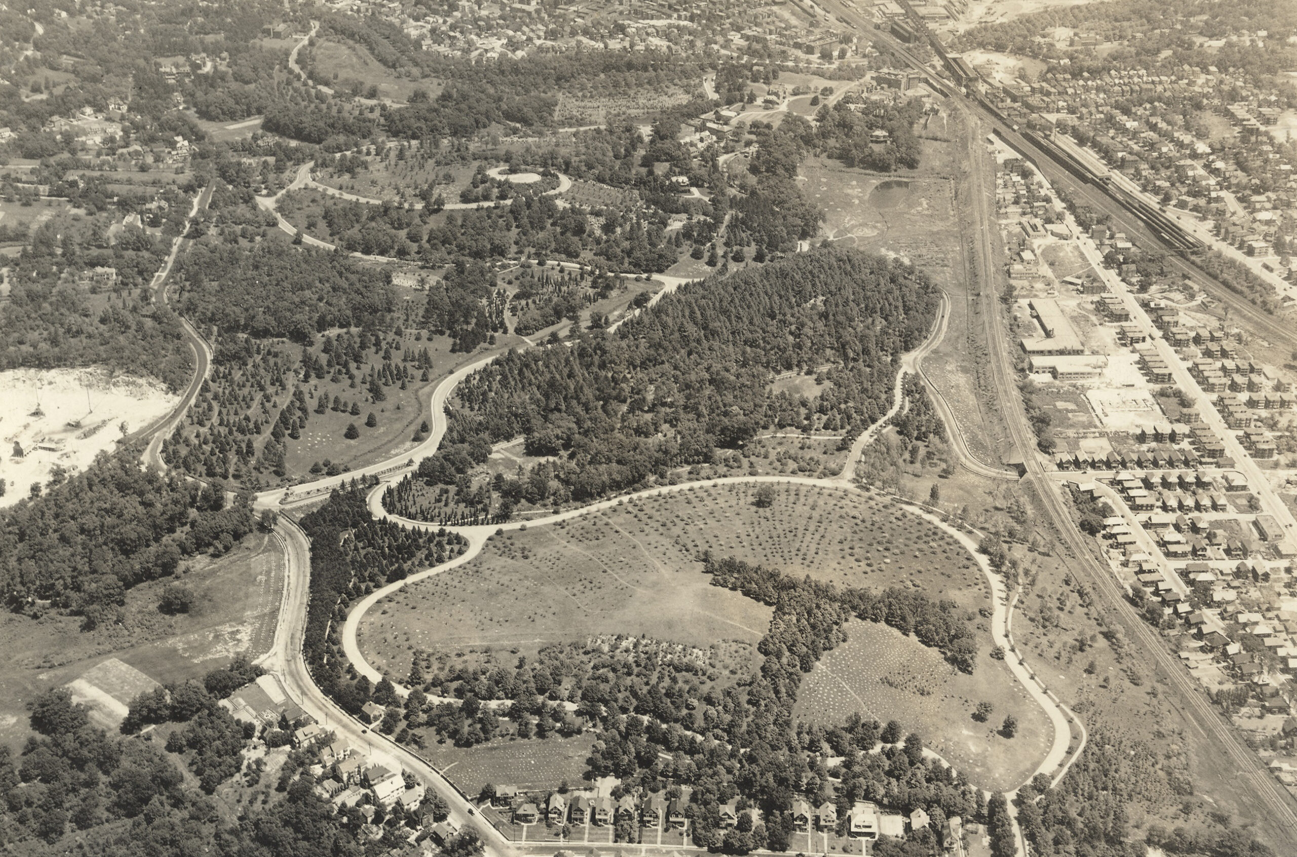 Aerial view of the Arnold Arboretum looking north from Peters Hill, 1927.