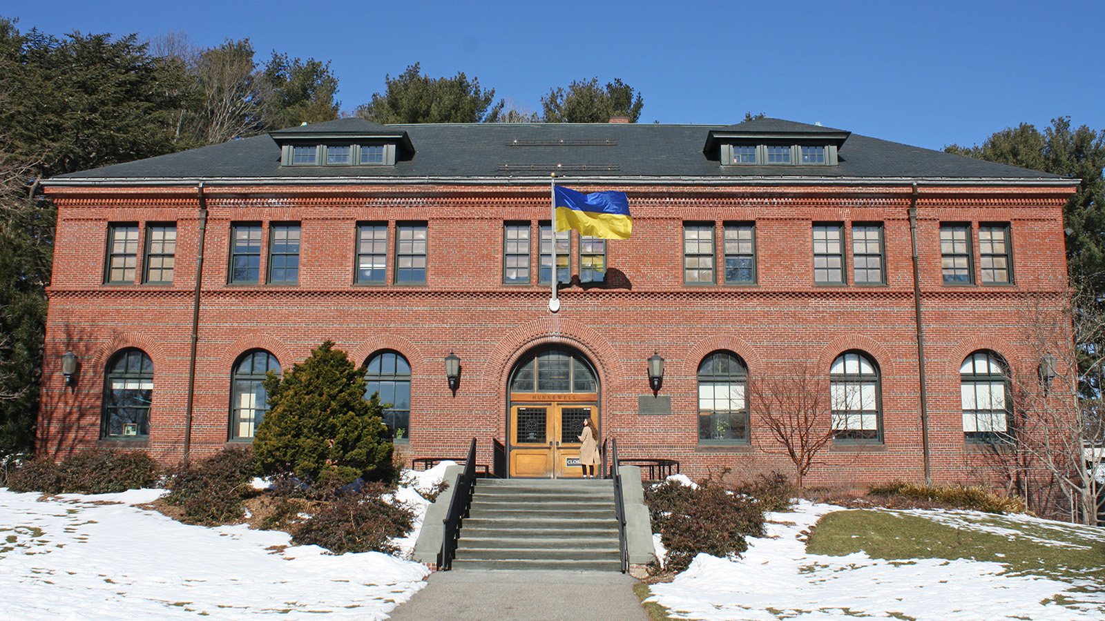 Ukrainian flag flies above the Hunnewell Building March 4, 2022