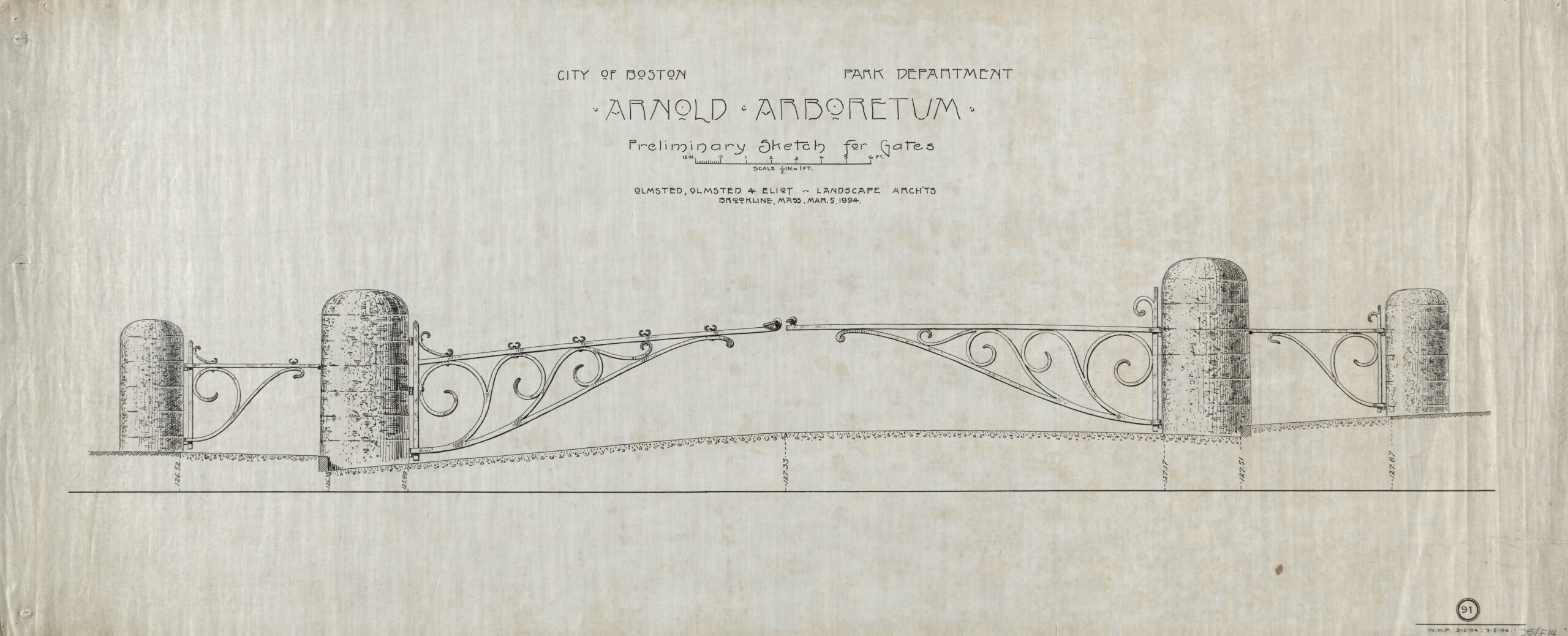Ink drawing of a preliminary design for the Arnold Arboretum gates.