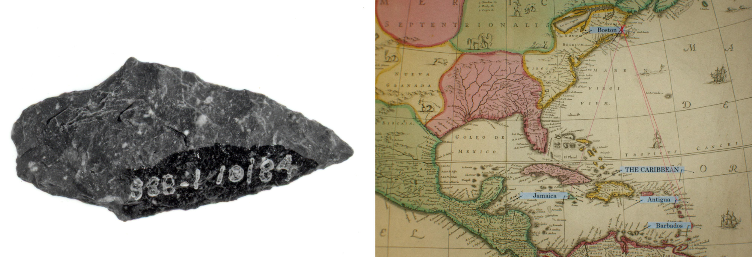 A Late Archaic projectile point chipped from felsite, and historical map of the Triangle Trade in the 18th and 19th centuries