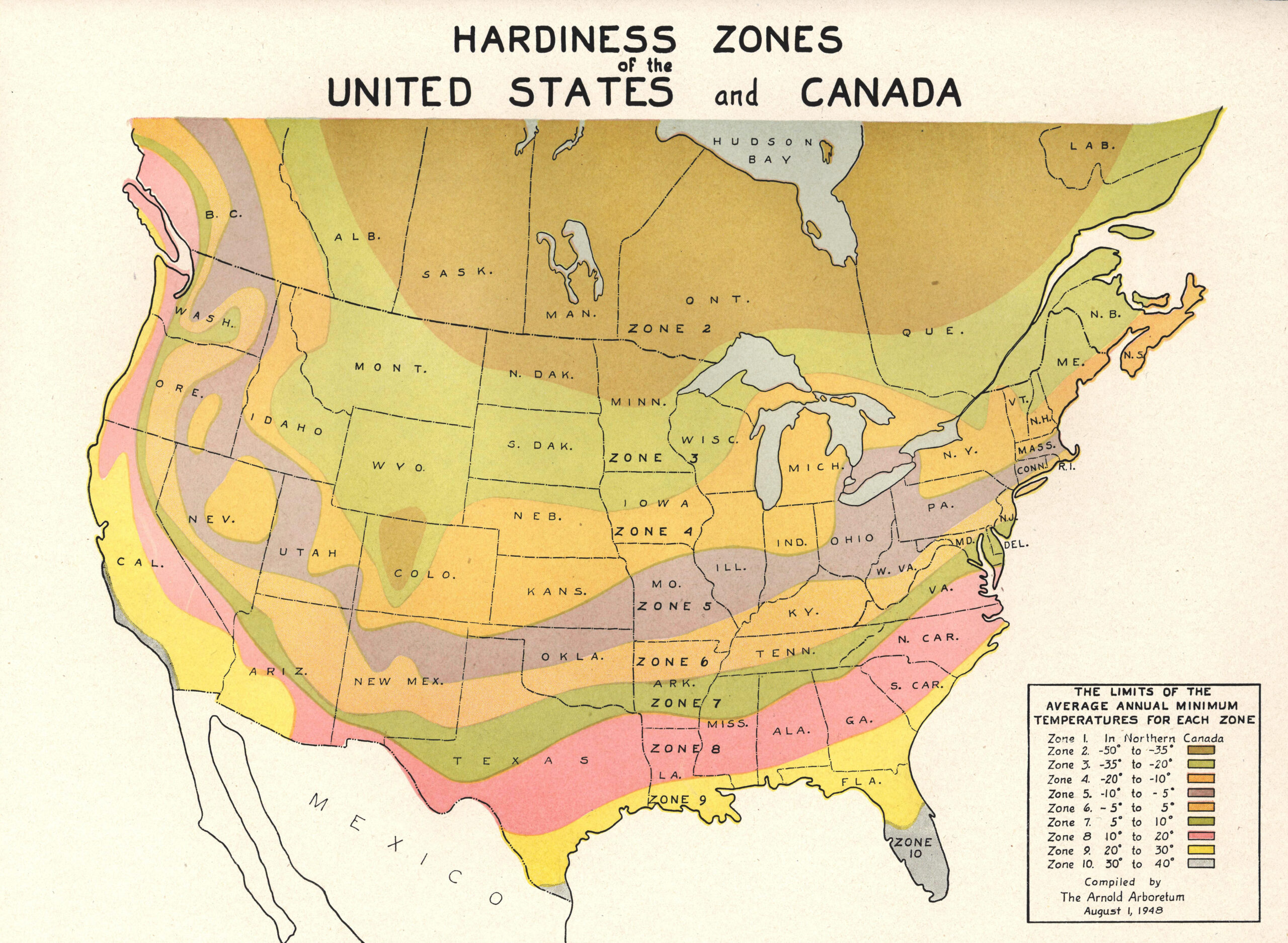 1948 hardiness zone map created by the Arnold Arboretum