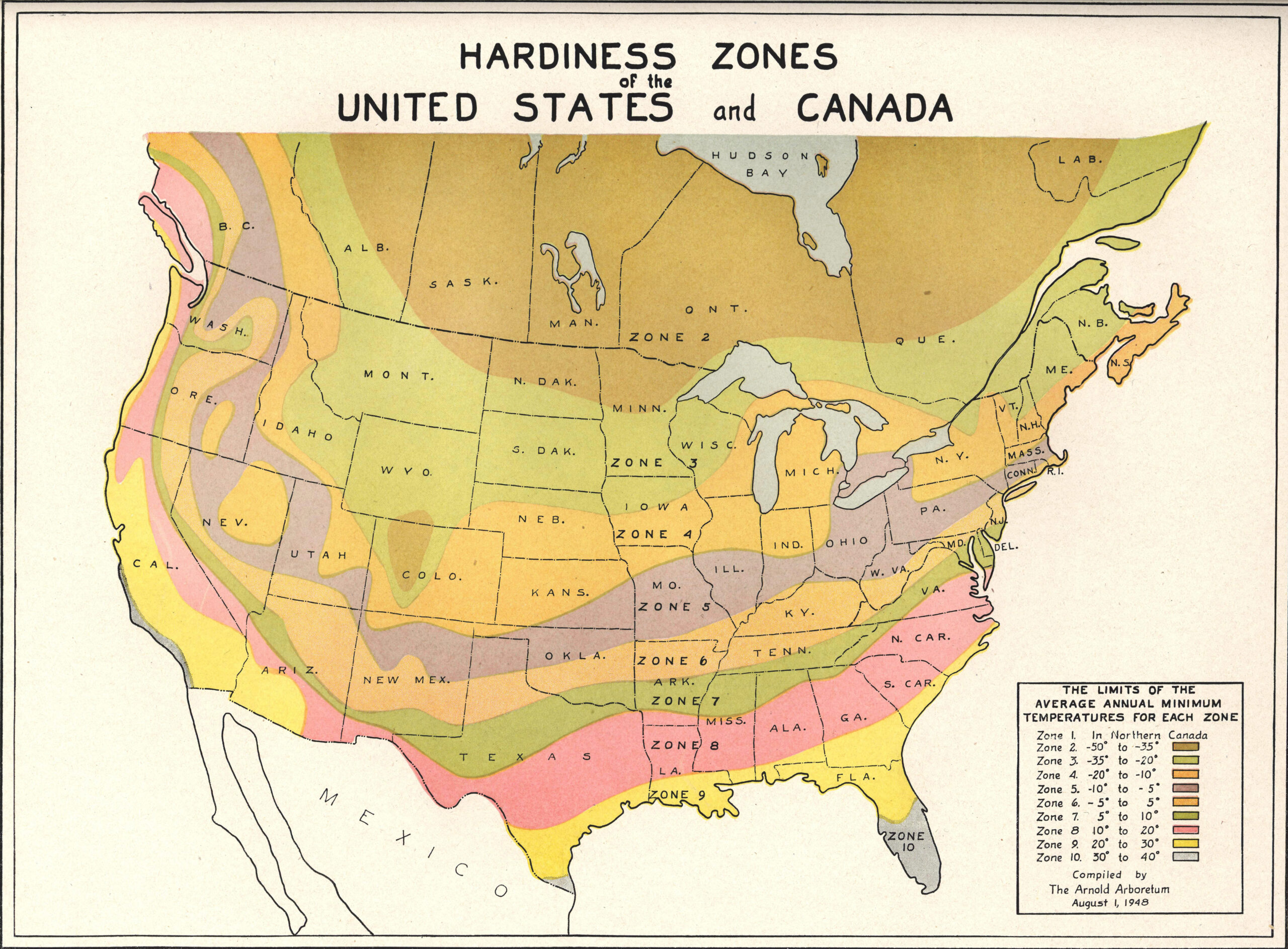 1948 hardiness zone map created by the Arnold Arboretum