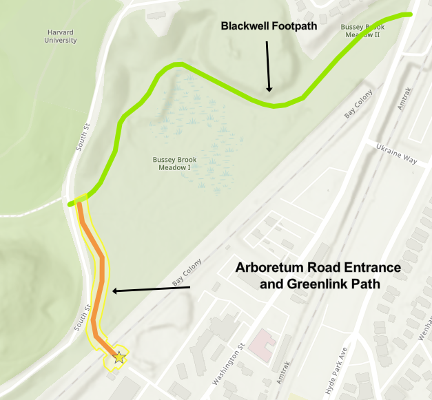 Map showing Arboretum Road Entrance and Greenlink Path