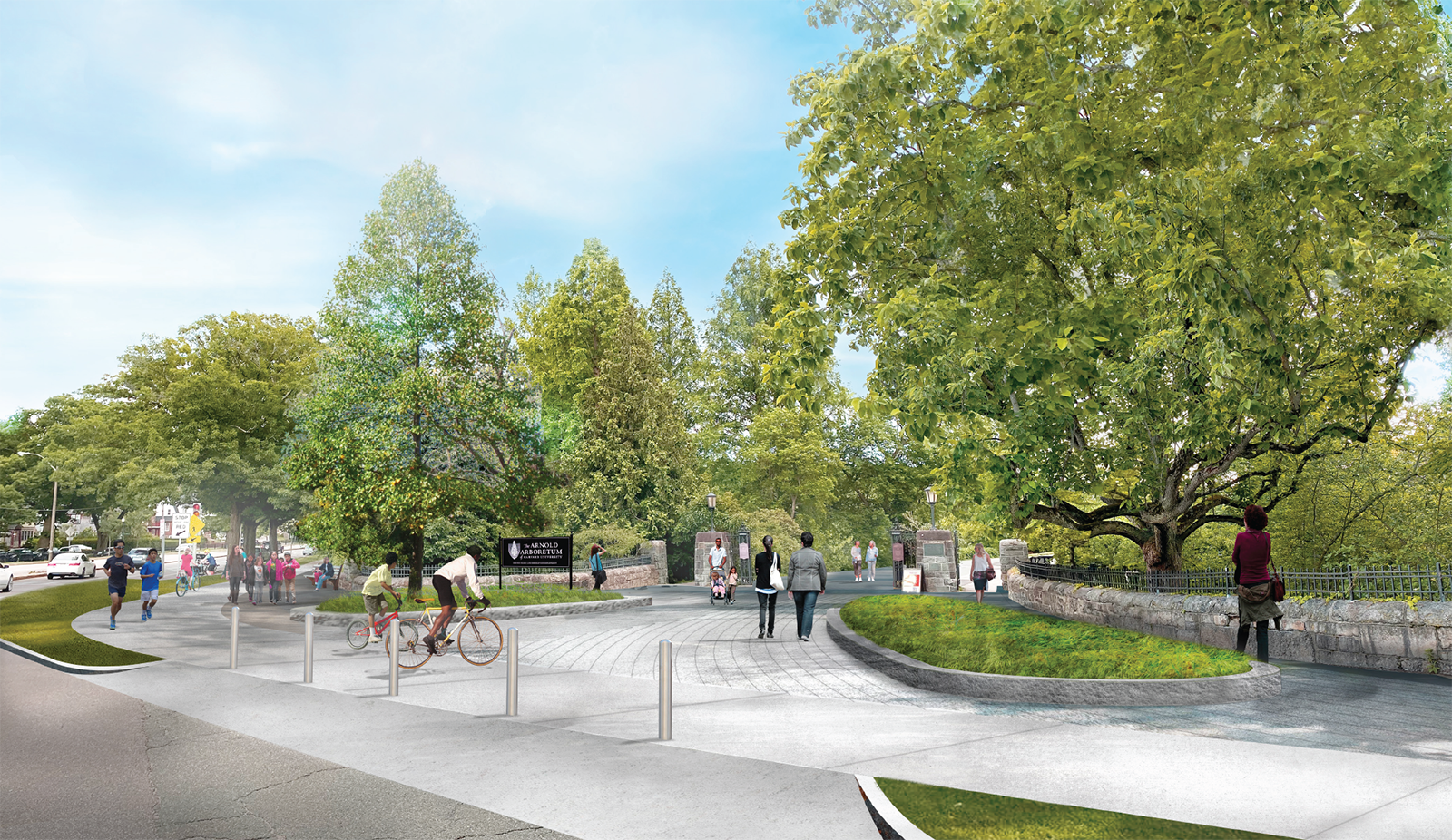 Street-view concept for possible improvements to the Arborway Gate entrance includes bollards to exclude traffic, planting beds that extend the Arboretum’s character to the street, and creating a space outside the entrance for the public to meet and embark