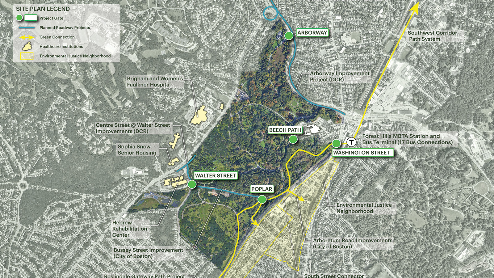Map of the Arnold Arboretum showing five entrances selected as phase one projects for the Entrance Improvement Project