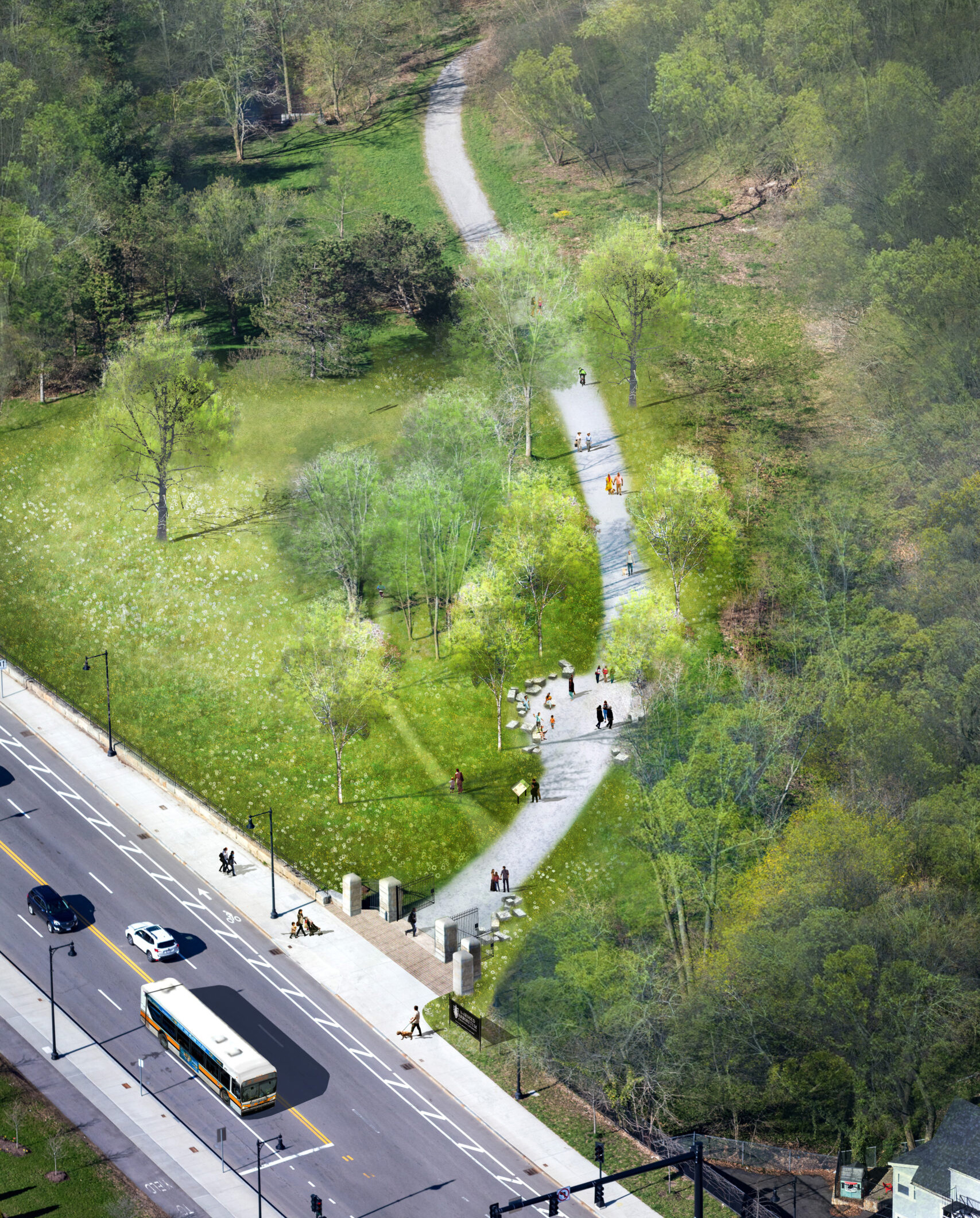 View of proposed changes to the Washington Street entrance; aerial view of design proposal by Michael Van Valkenburgh Associates.